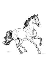 Black and white drawing of a running horse