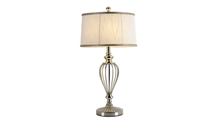 Elegant silver table lamp with soft white shade isolated on transparent background