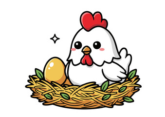 Adorable Cartoon Hen in Nest with Golden Egg.