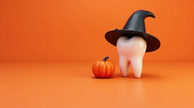 White tooth wearing witch's hat with pupkin on orange background. Halloween concept. AI