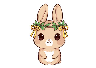 Adorable Tan Bunny Rabbit Wearing a Green Leaf Wreath with Yellow Bows.