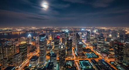 Fototapeta premium Night cityscape illuminated skyscrapers urban scene.