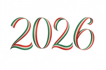 2026 year number forming from tricolor ribbon showing italian flag colors on transparent background