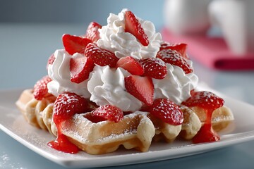 Indulging in delicious waffles with strawberries and whipped cream in a bright setting, captured in close-up to highlight the culinary delight.