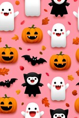 Fototapeta premium Cute Halloween Pattern with Ghosts, Pumpkins, Bats, and Leaves