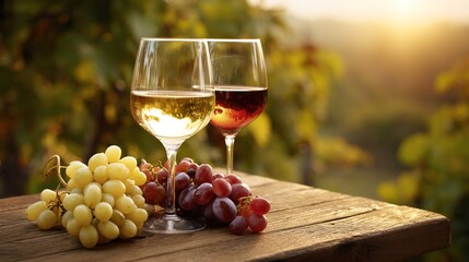 vineyard. Glasses of red and white wine with ripe grapes on a wooden table in a rustic vineyard setting. bar promotions, beverage menus, designed for food & beverage menus and cafe branding.