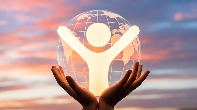Hands holding a glowing human figure within a globe against a sunset sky