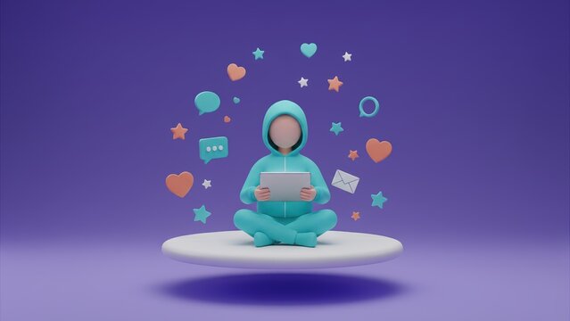 A figure holding a glowing tablet with spiral digital icons, digital marketing and target audience, target marketing