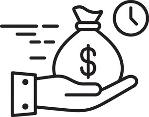 Hand holding money bag with dollar sign and clock icon on white background vector illustration