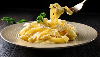 fork pulling portion of creamy cheesy pasta fettuccine alfredo