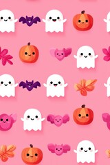 Fototapeta premium Cute Halloween Pattern with Ghosts, Bats, Pumpkins, and Leaves