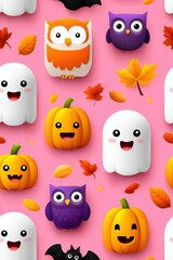 Naklejka premium Playful Halloween Characters with Ghosts, Owls, and Pumpkins Design