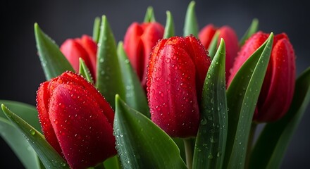Vibrant red tulips with water droplets creating a fresh and inviting scene