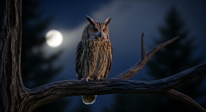 Owl on branch with moonlit night. (1)