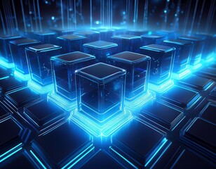 futuristic glowing blue cubes in abstract formation