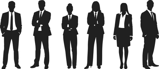 Silhouette group of businessmen and businesswomen in formal suits, professional corporate team, office workers, leadership, teamwork, executive fashion illustration