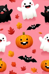 Naklejka premium Playful Halloween Pattern with Ghosts, Bats, Pumpkins, and Leaves