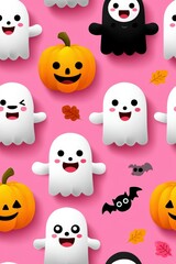 Fototapeta premium Cute Halloween Ghosts and Pumpkins Pattern on Pink Background