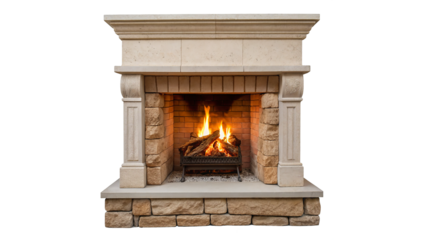 Cozy evening by the warm fireplace in a rustic living room setting with glowing flames isolated on transparent background