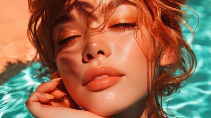 A portrait showcases a woman's face, lit by the sun, with wet hair and closed eyes, enjoying the water's coolness.