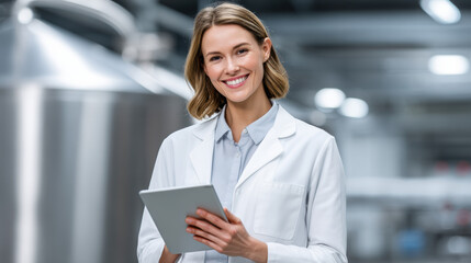 Young scientist with tablet in food tech facility smiling confidently