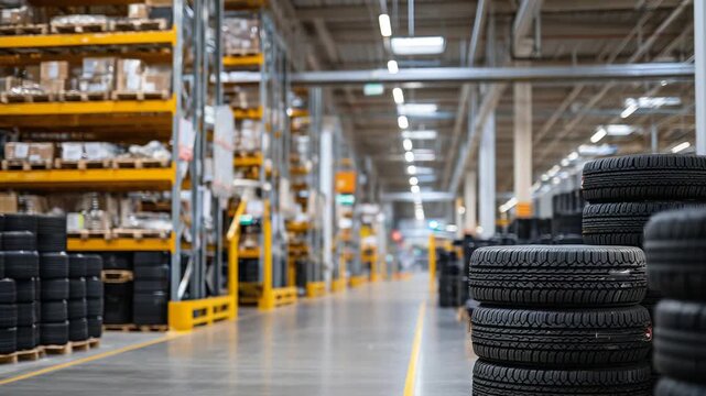 Explore a well-organized automotive inventory with neatly stacked tires in a clean storage facility aisle.