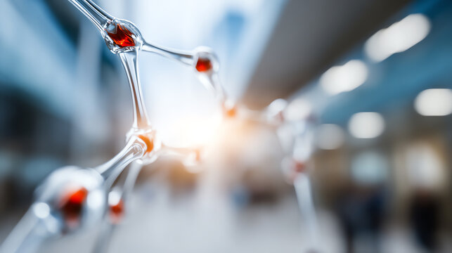 Close-up of a molecular structure with a blurred background, representing innovation and research in modern science and technology.
