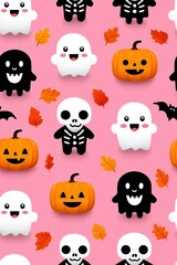 Cute Halloween Characters with Ghosts, Pumpkins, and Leaves