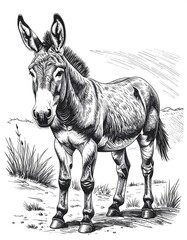 Black and white drawing of a donkey