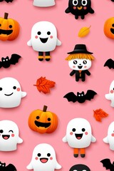 Fototapeta premium Colorful Halloween Characters with Ghosts, Pumpkins, and Bats Background