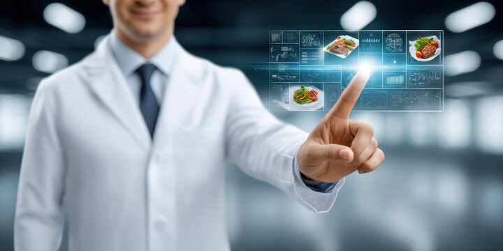 Food tech scientist in lab selecting healthy meal on holographic menu with smile