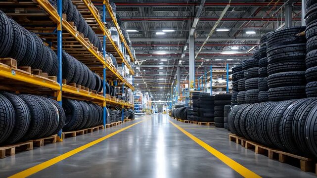 Explore a well-organized automotive inventory with neatly stacked tires in a clean storage facility aisle.