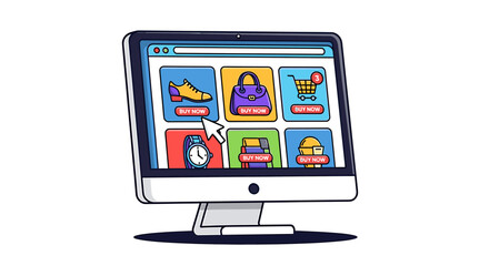 Online shopping interface display with cursor clicking on various items