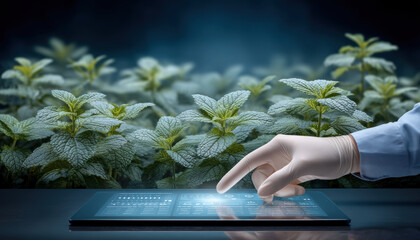 Lush green herb plant and lab tech using touchscreen food tech interface