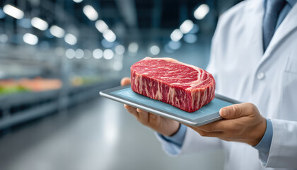 Raw steak on smart scale in food tech lab showing quality control and freshness