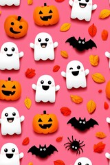 Obraz premium Colorful Halloween Pattern with Ghosts, Pumpkins, Bats, and Leaves
