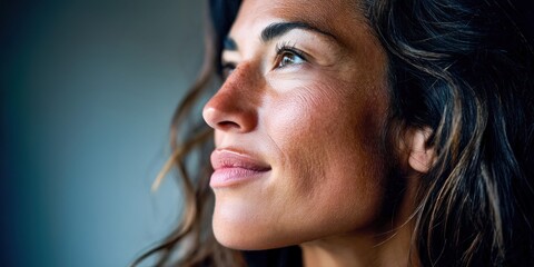 A close-up profile of a beautiful woman with curly hair, natural makeup, and freckles, gazing thoughtfully, smiling slightly.