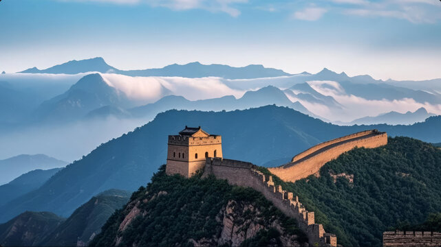 National Day Great Wall with a Sea of Clouds at Sunrise for a Patriotic Education and Tourism Background