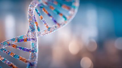 Close-up of a vibrant and intricate DNA strand against a blurred background, showcasing the beauty of genetic structures.