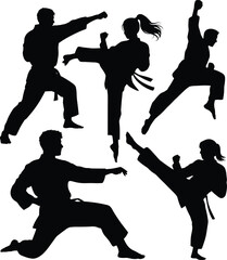 Karate or taekwondo fighters silhouettes collection in different action poses, on a white background, an illustration of martial arts