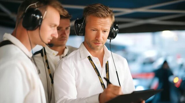 Pit crew huddling in tent before race chief drawing on whiteboard dangling headsets unwrapped energy bars gleaming car outside. Focused photo with marker lines headset wires