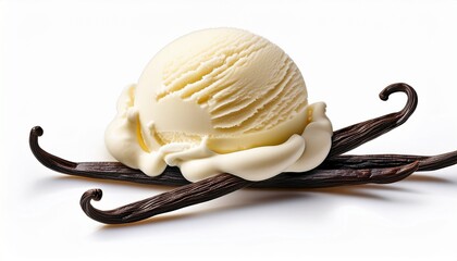 scoop of delicious vanilla ice cream and vanilla pods isolated on white background generative ai