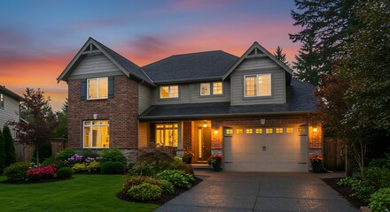 Luxury house exterior with brick and siding trim and double garage. well kept garden around. northwest usa