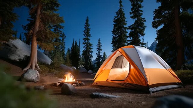 Retired couple camping in forest clearing tent campfire twinkling stars. Cozy photo with flame flickers canvas textures night serenity. three quarter wide angle cinematic col