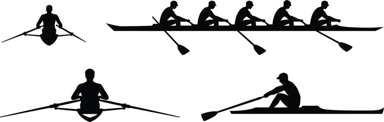 Rowing boat silhouette, team rowing illustration, athlete paddling, water sport design, kayaking and canoeing concept, flat vector illustration © Creative _design