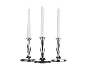  Shiny silver candlestick set with long white candles isolated on transparent background PNG