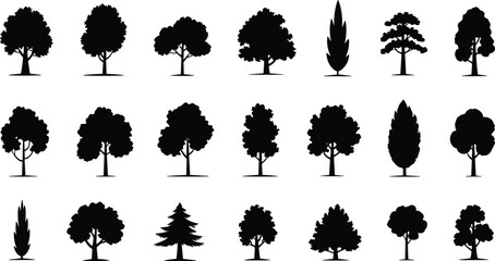 Tree silhouette collection, black vector illustration, isolated forest plants, park nature elements, landscape tree design, simple foliage icons, natural outline set