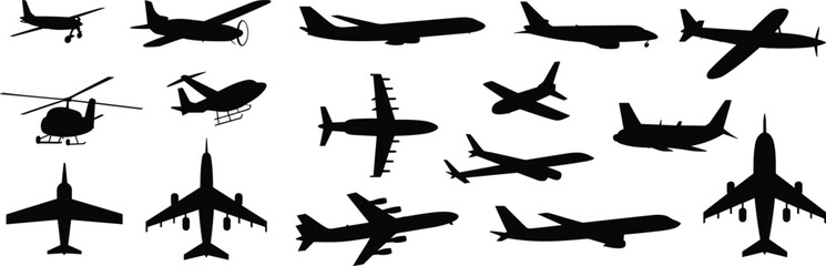 Set of different airplane silhouettes, an illustration of various aircraft and helicopters for air travel, isolated on a white background