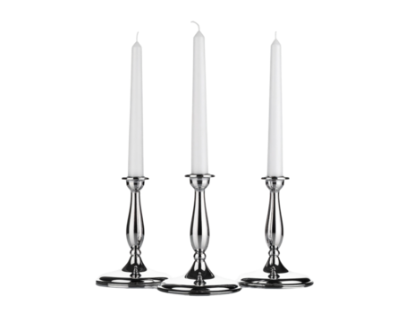  Shiny silver candlestick set with long white candles isolated on transparent background PNG