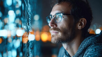 A man wearing glasses studies a futuristic interface, set against a blurred cityscape backdrop, suggesting technology or data analysis.